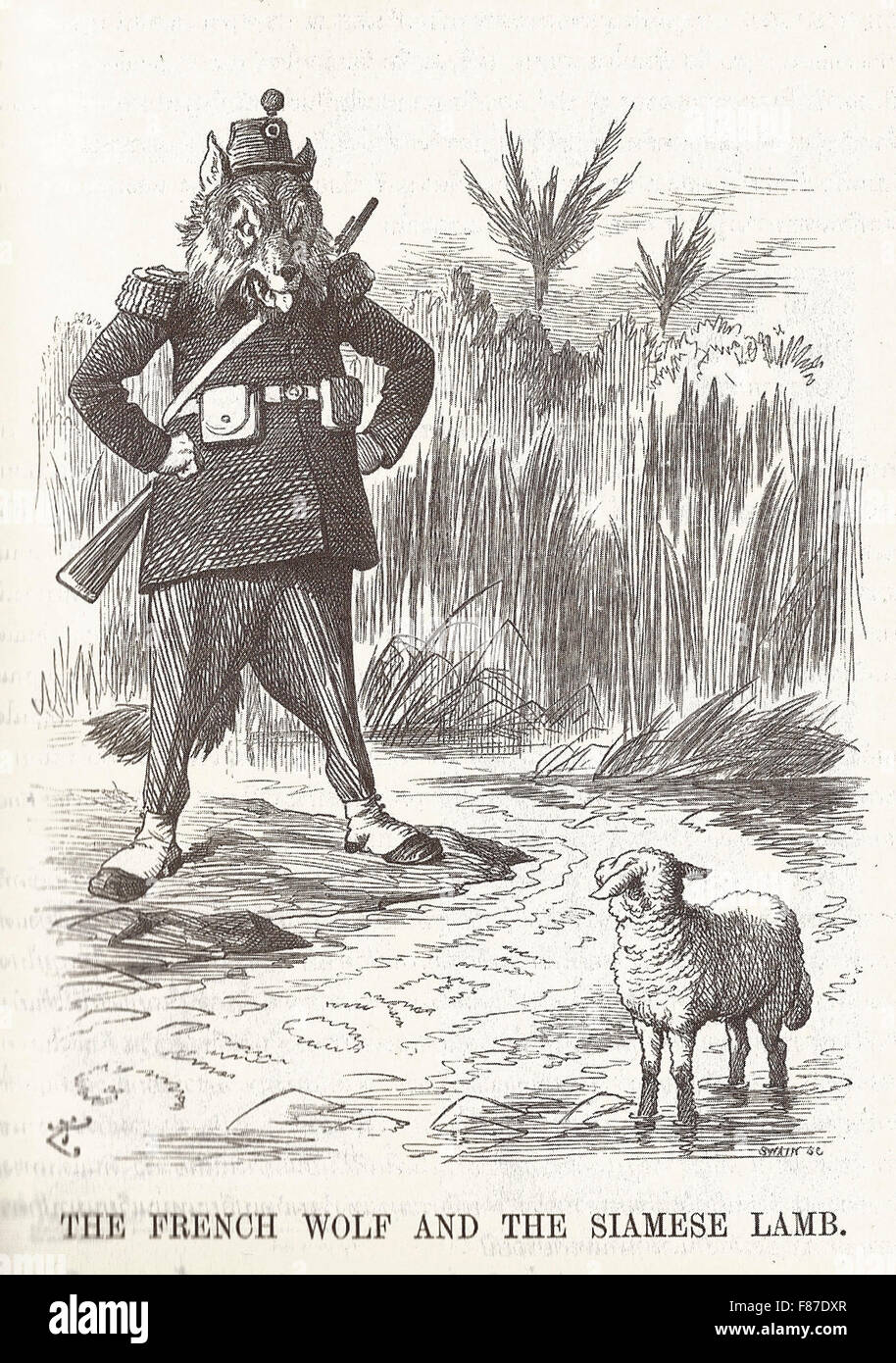 "Französisch Wolf und The Siamese Lamm" die hungrigen französische Wolf blickte drohend auf die Sanftmütigen Siam (Thai) Lamm über den Mekong River. In Anspielung auf den französischen Wunsch, Siam als Kolonie zu annektieren. 1893 Stockfoto