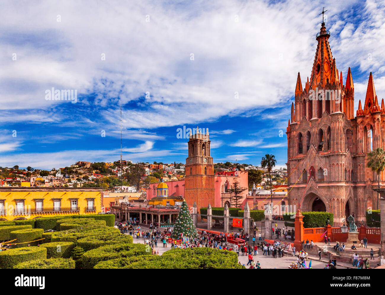 Parroquia Erzengel-Kirche Jardin Town Square San Miguel de Allende, Mexiko. Parroquia in der 1600er erstellt. Stockfoto