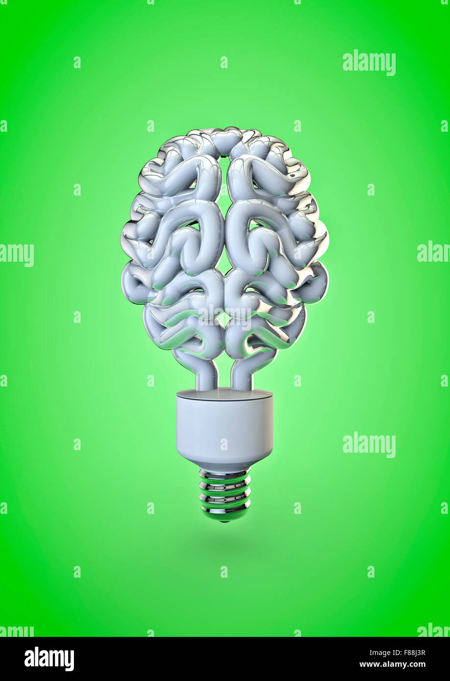 Energie Birne Gehirn / 3D-Render des menschlichen Gehirns als Energie Birne Stockfoto