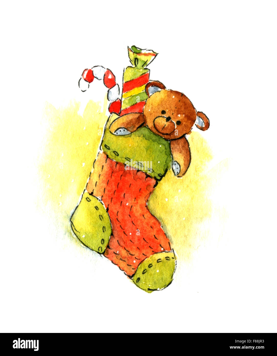 Weihnachts-Strumpf mit Geschenken. Aquarell Bild Stockfoto