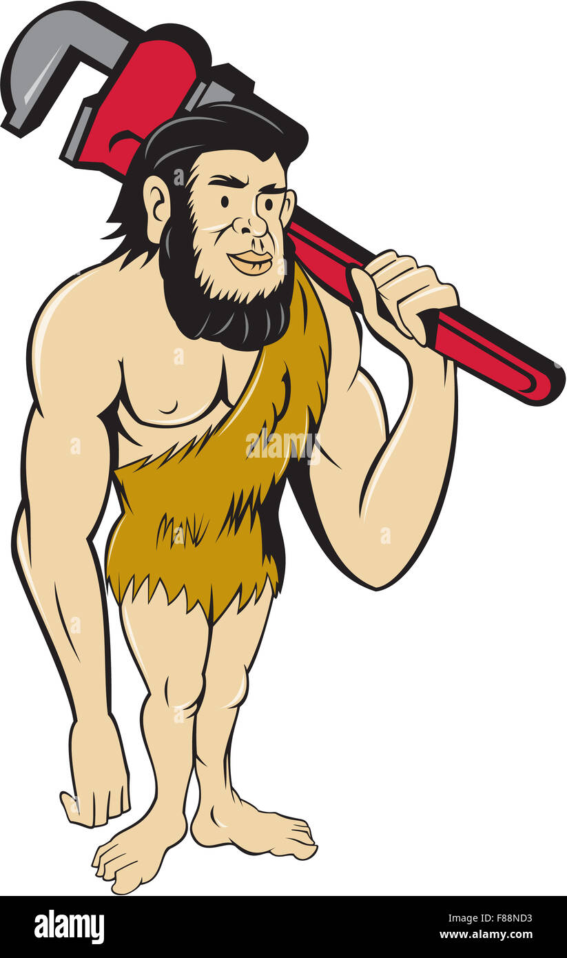 Abbildung eines Neandertalers oder Höhlenmensch Klempner Schulter am isolierten weißen Hintergrund in getan Schraubenschlüssel festhalten Stockfoto
