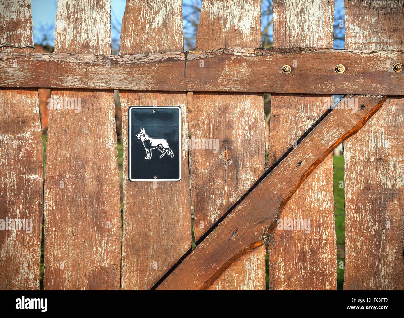 Vorsicht bei Hund Zeichen auf Holztür. Stockfoto