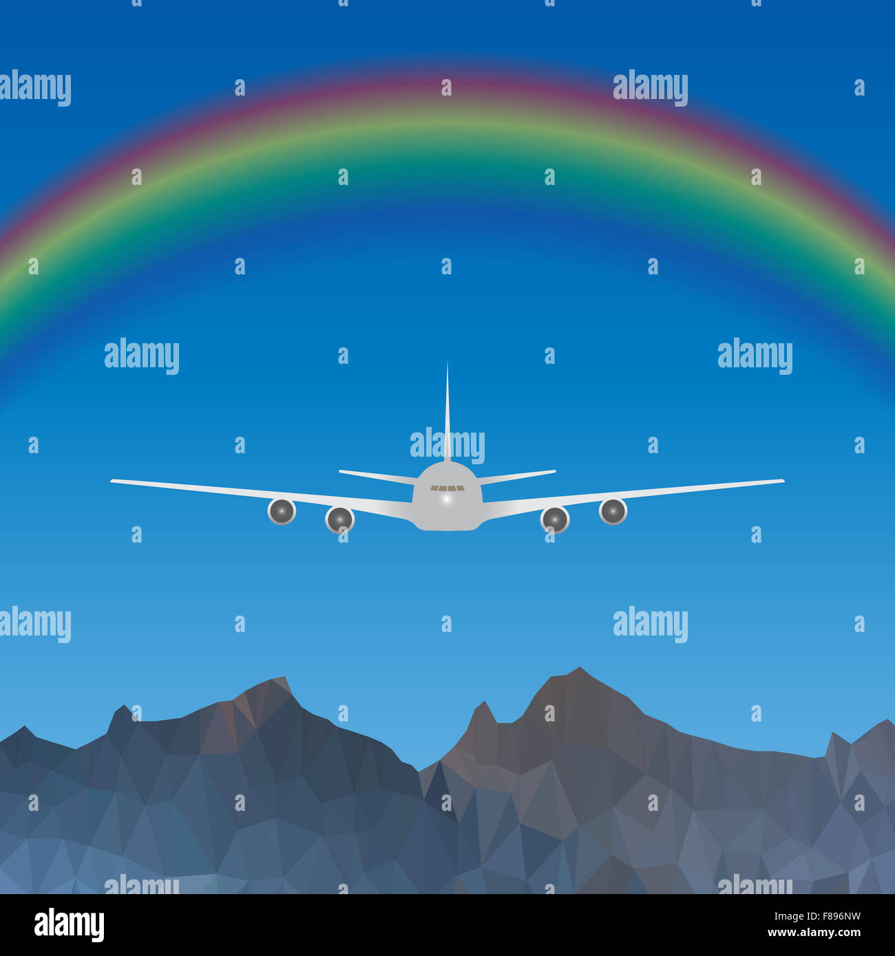 Beispiel für ein Düsenjet fliegt frontal über blauen Himmel mit Regenbogen über high-low-Poly-Berge. Stockfoto