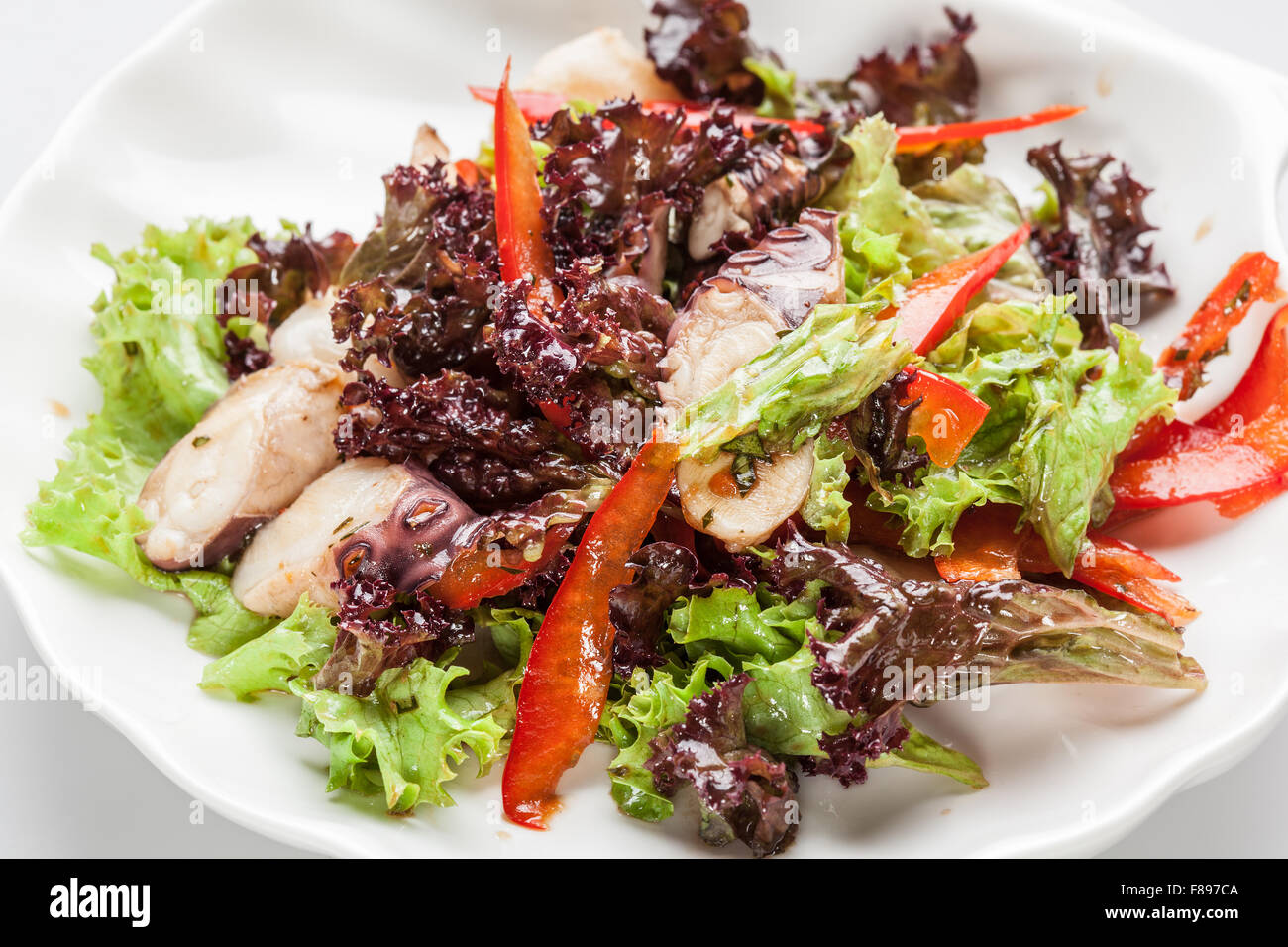 Salat mit Tintenfisch, Salat und Paprika. Stockfoto