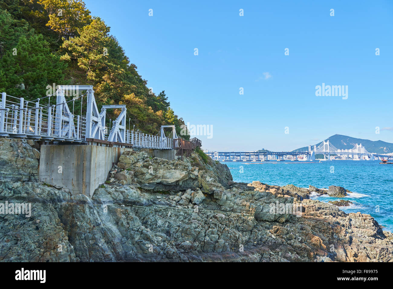 Landschaft der Igidae Küste. Igidae Park ist ein Wanderweg entlang der Küste und es wird berühmt für schöne Landschaft mit Haeundae Stockfoto