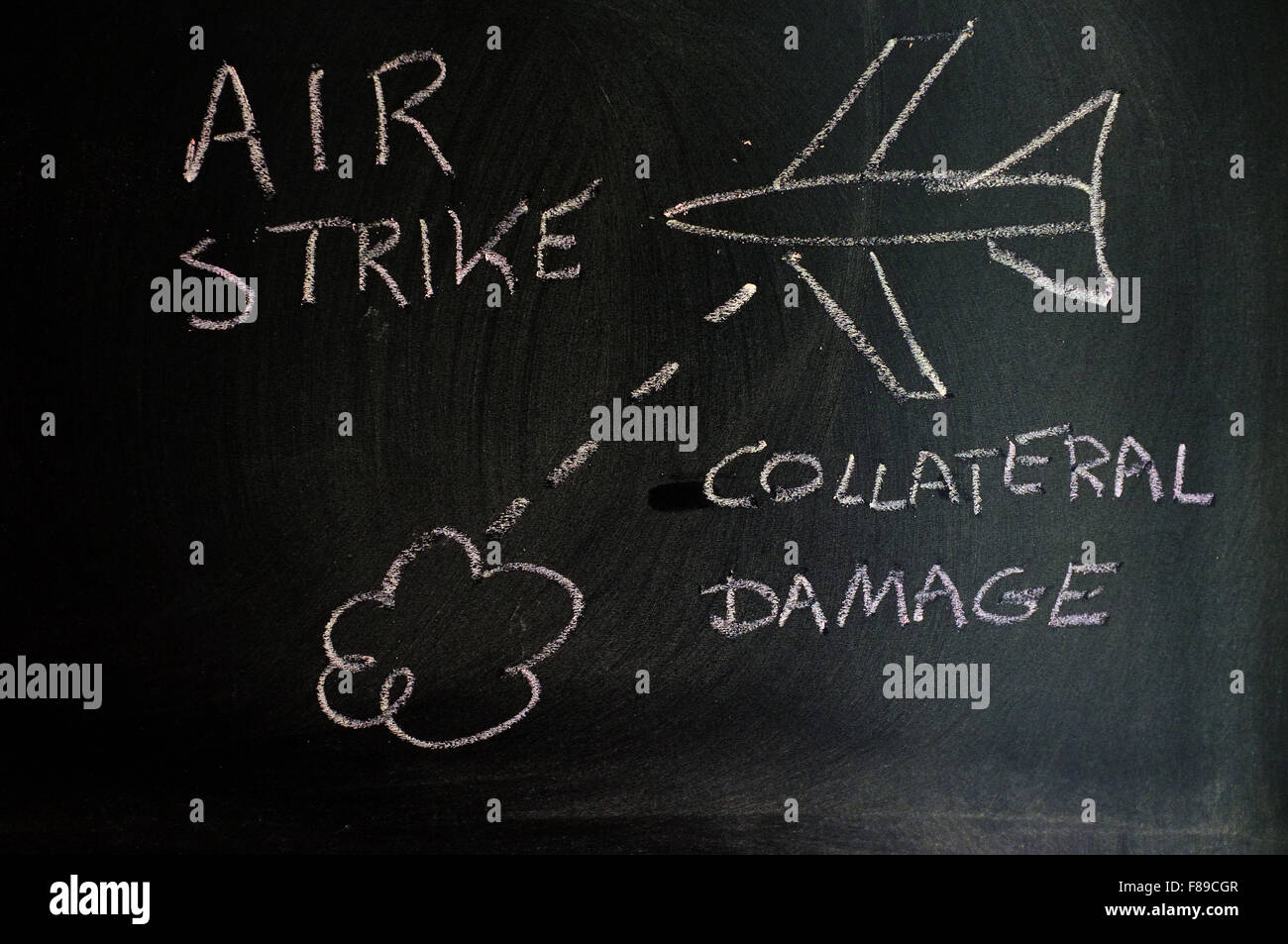 Ein Bild von einem Luftangriff mit Kreide auf einer Tafel geschrieben Text. Stockfoto