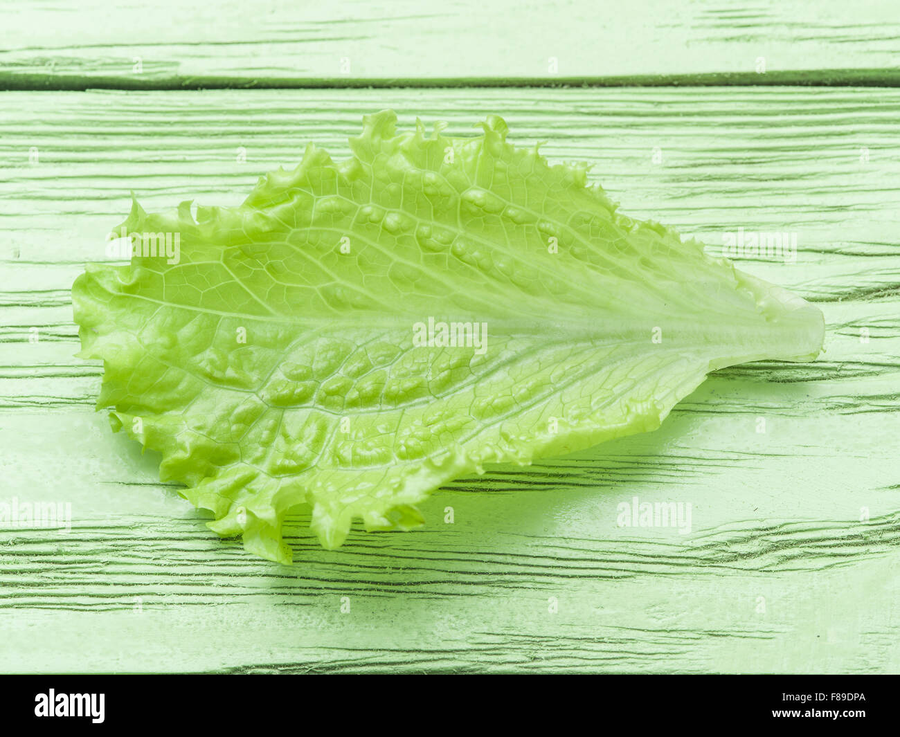 Salat auf dem grünen hölzernen Hintergrund. Stockfoto