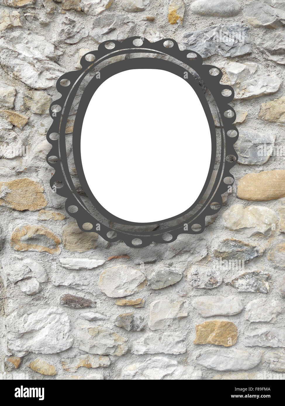 Ovalen Rahmen auf Steinmauer Hintergrundtextur Stockfoto
