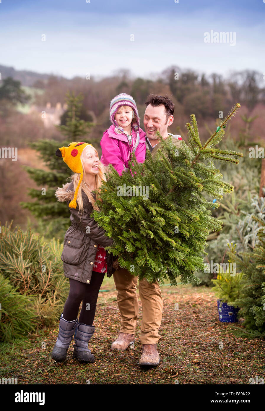 Eine Familie kauft ihren Weihnachtsbaum aus Dowdeswell Forst-und Gloucestershire UK Stockfoto
