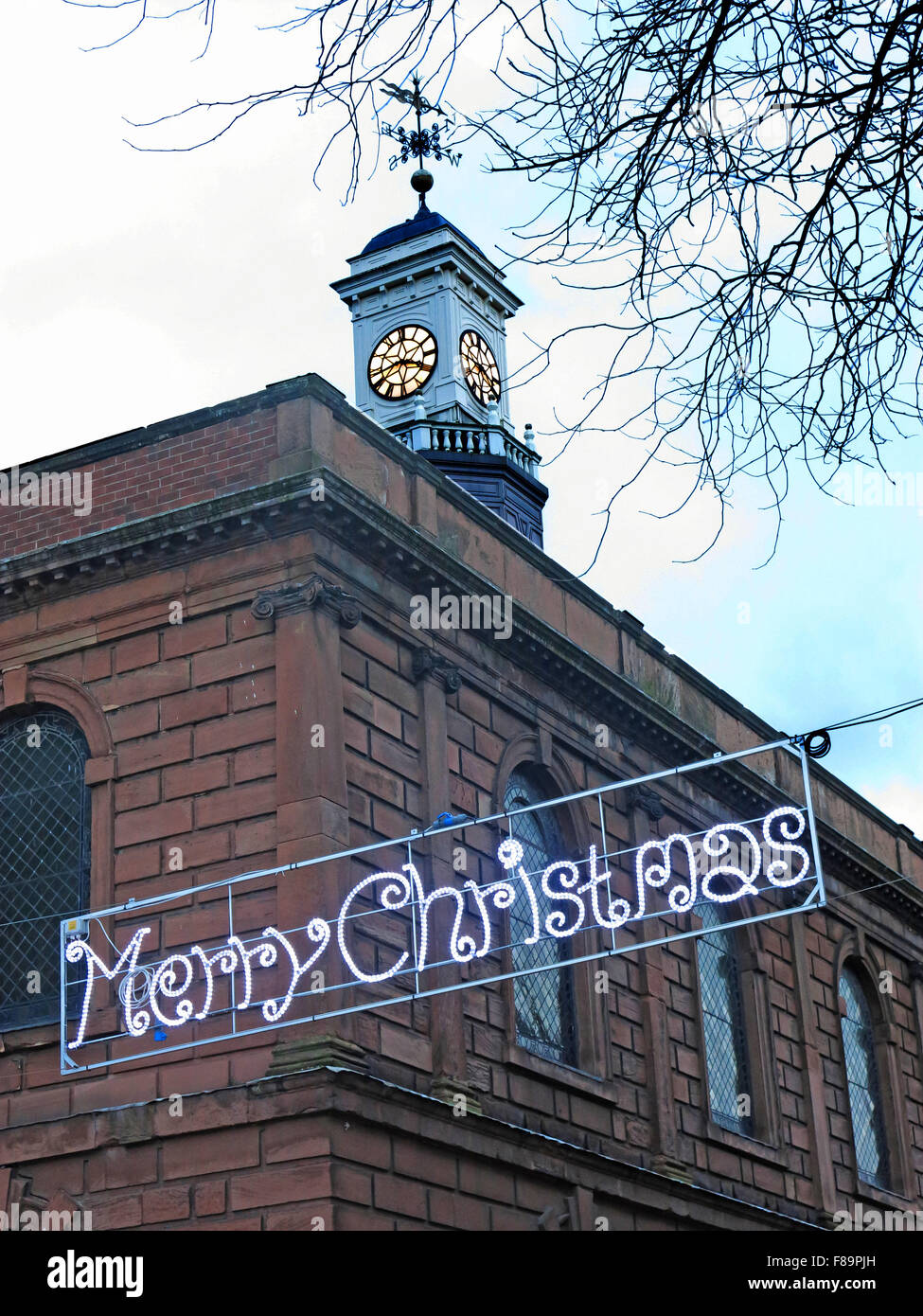Frohe Weihnachten von Warrington, Sankey St, Cheshire, England, UK Stockfoto