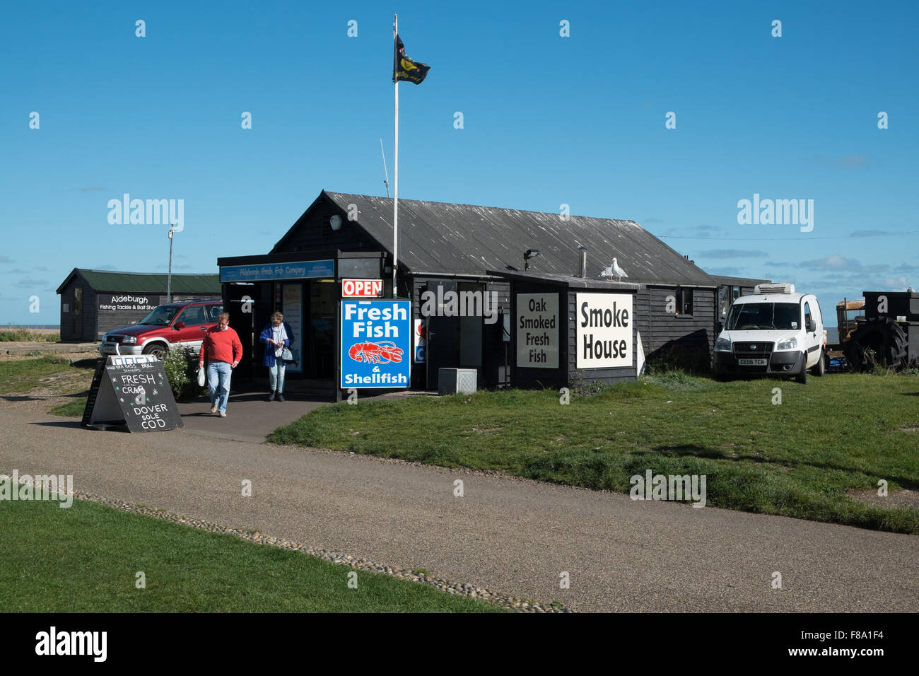 Geräucherter Fisch-Shop am Strand von Aldeburgh Suffolk England Stockfoto