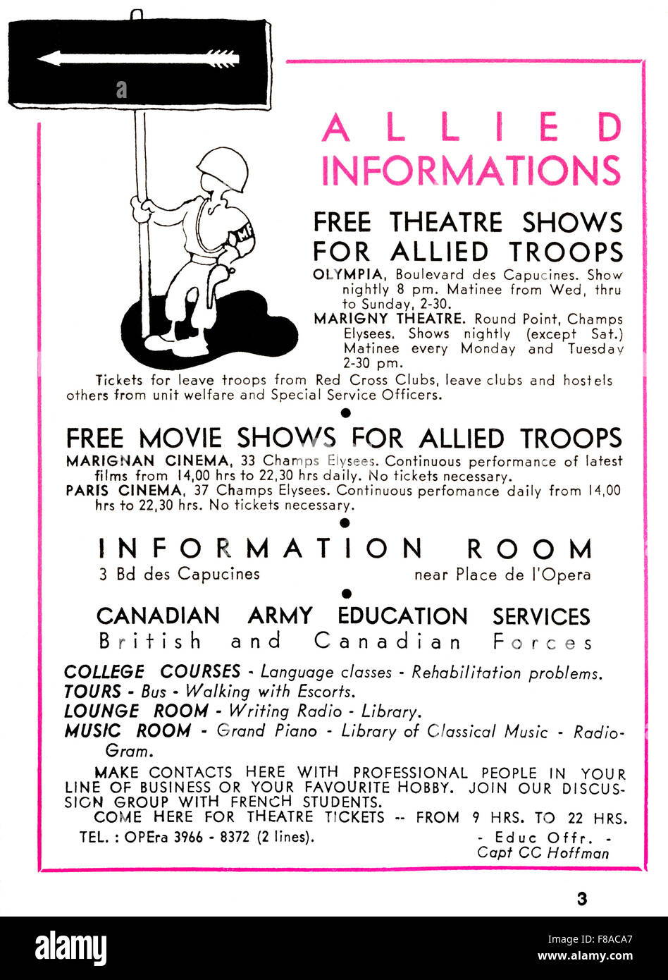 1945 WW II Informationsblatt für freies Theater shows, Filme, und Bildungschancen für die Alliierten Truppen in Paris stationiert Stockfoto