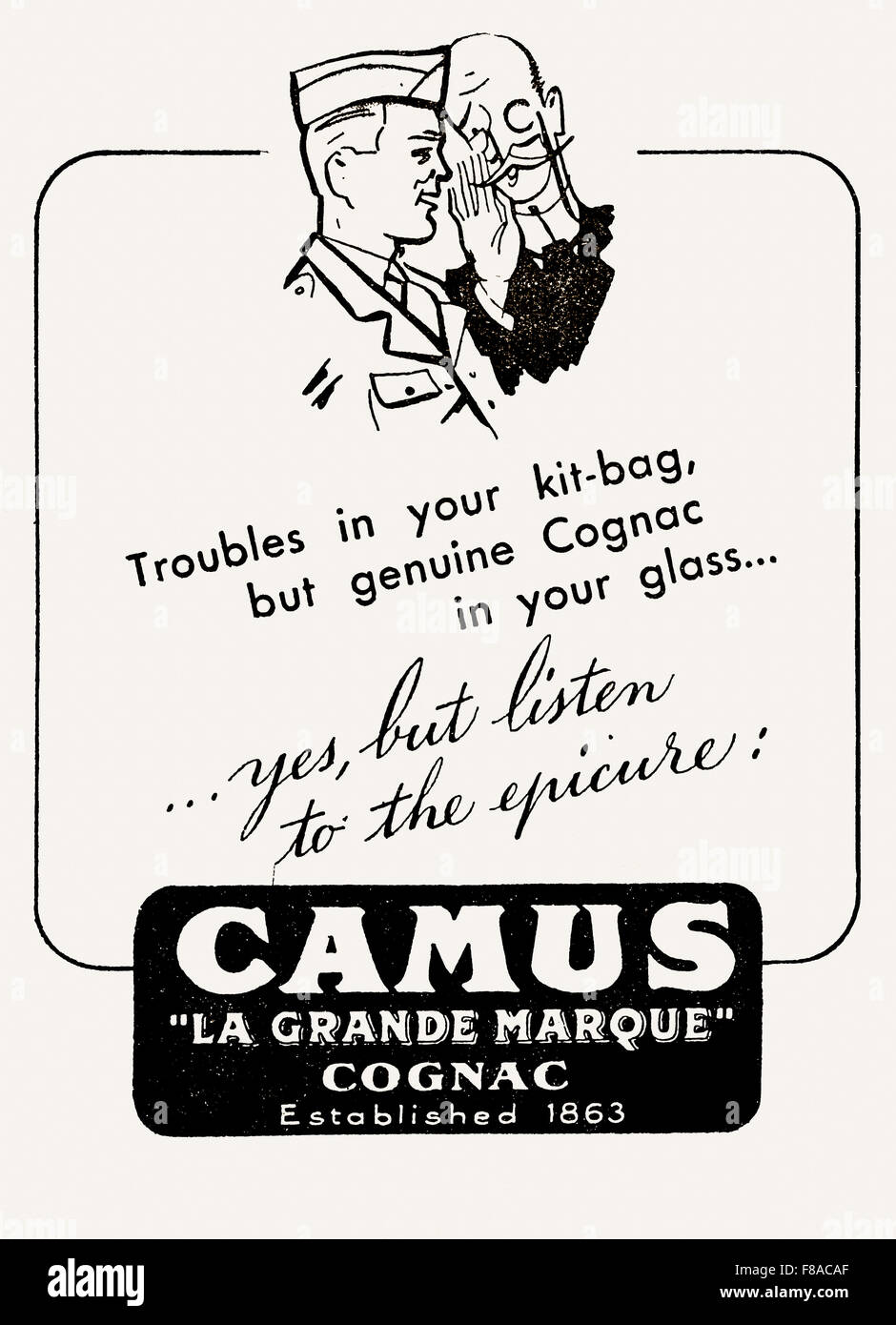 1945 WW II französische Werbung für Camus Cognac ausgegeben, um amerikanische Soldaten in Paris, Frankreich Stockfoto