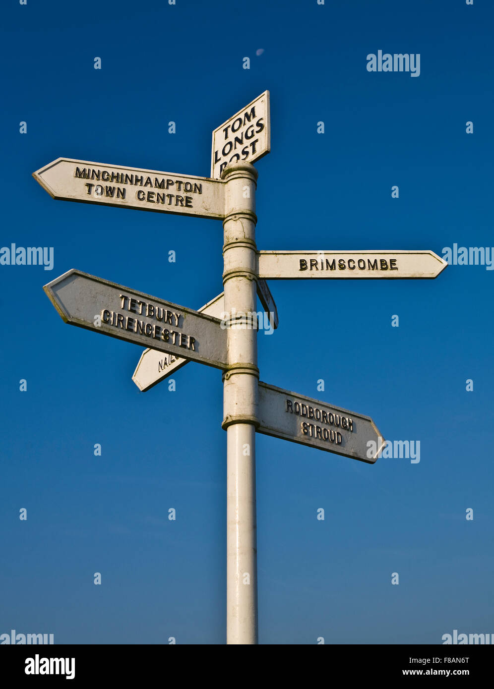 Tom Longs Post - Minchinhampton Common Straßenschild Stockfoto