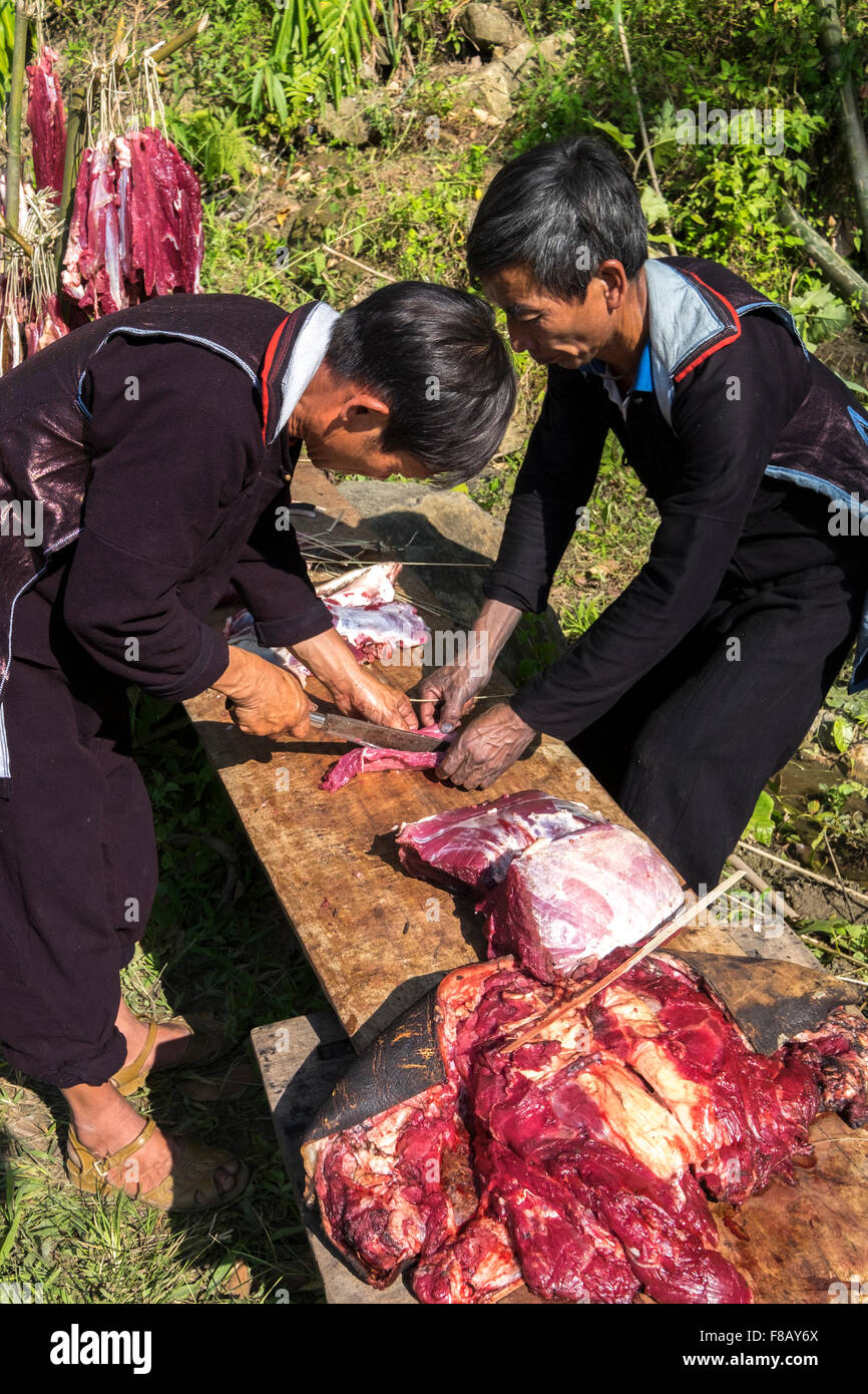 Hmong Männer zerstückeln eine Steuern während einer Trauerfeier in das Dorf von Ri Sa in Lao Cai Provinz, Vietnam. Stockfoto