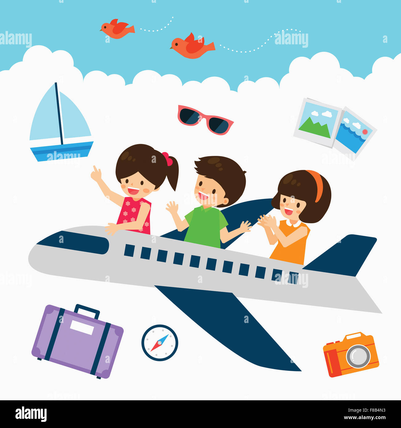 Drei Kinder fliegen im Flugzeug mit Yacht, Sonnenbrille, Fotos, Koffer,  Kompass, Kamera und fliegende Vögel auf Wolke Stockfotografie - Alamy