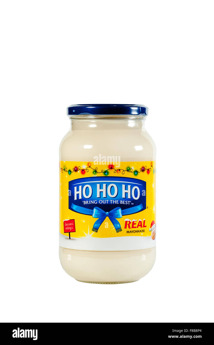 Weihnachten unter dem Motto Kanope Hellmanns Mayonnaise mit dem Namen auf dem Etikett durch Ho Ho Ho ersetzt. Stockfoto