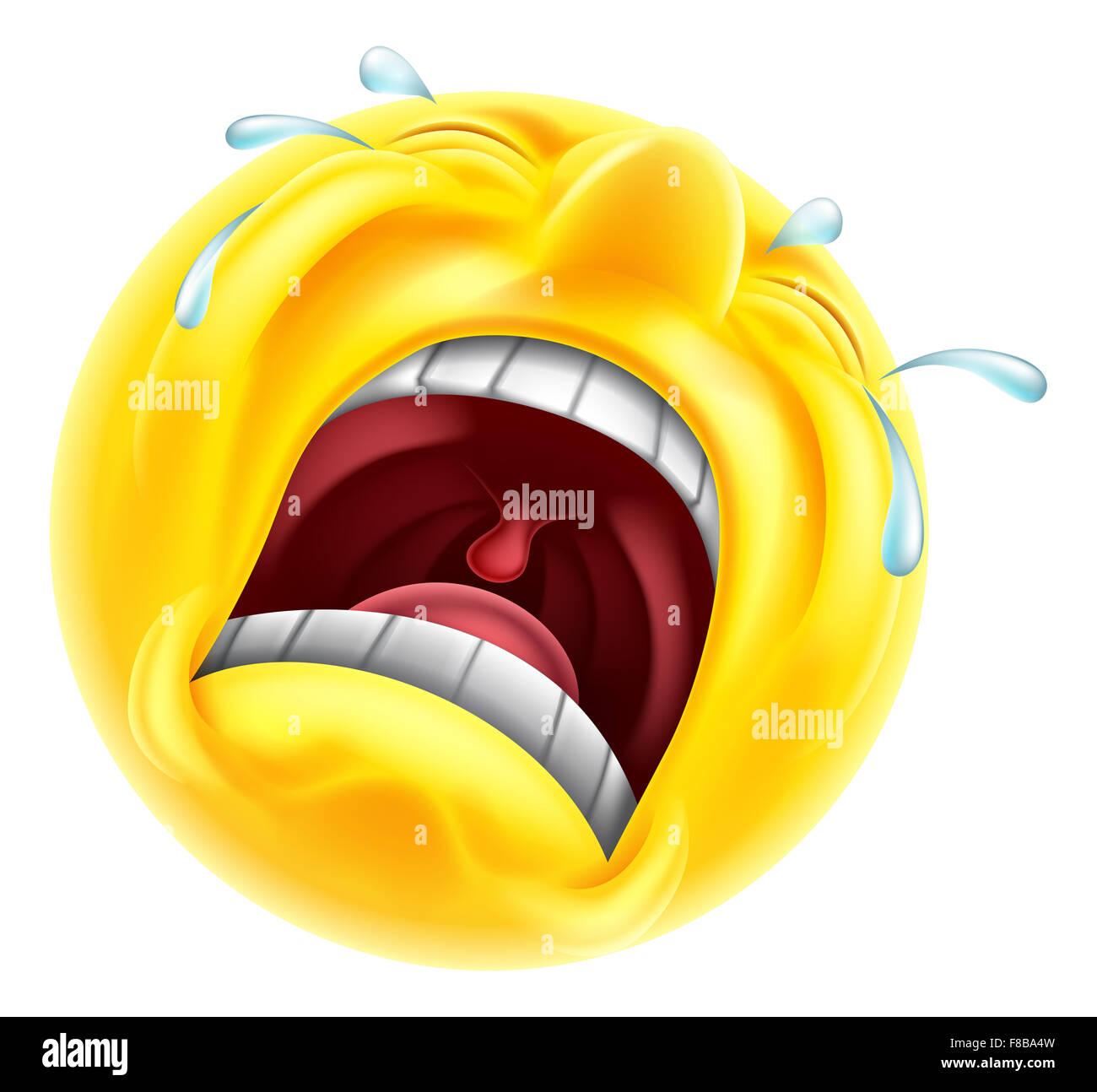 Ein sehr aufgeregt traurig weinende Emoji Emoticon Smiley Gesicht Charakter mit Tränen schießen Stockfoto