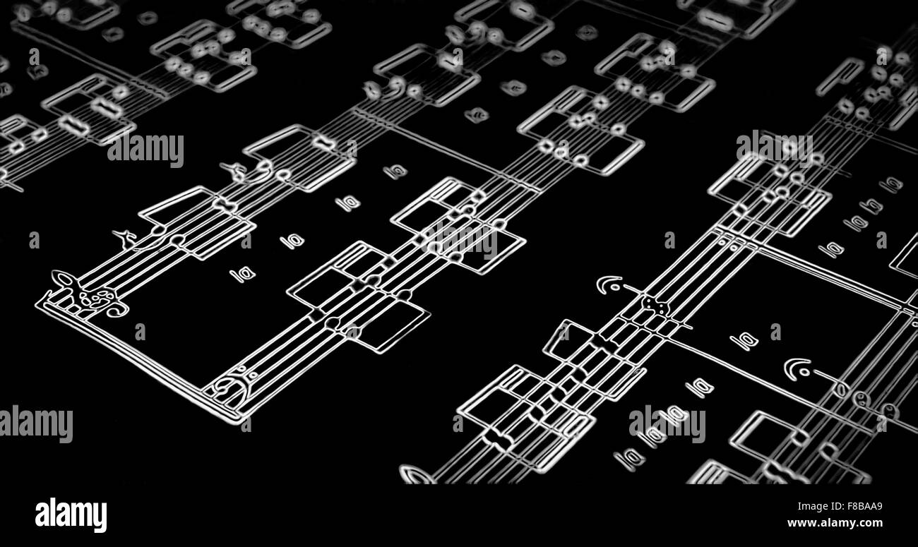 abstrakte Musik Notenblatt auf schwarzem Hintergrund Stockfoto