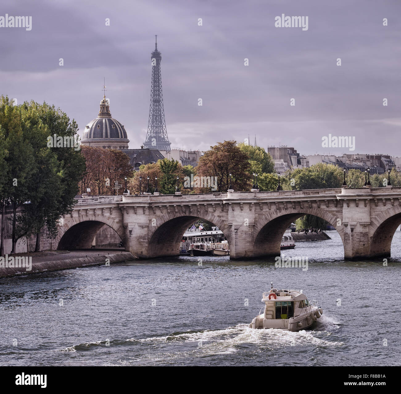 Stadtbild von Paris mit Eiffelturm, Brücke und Boot Stockfoto