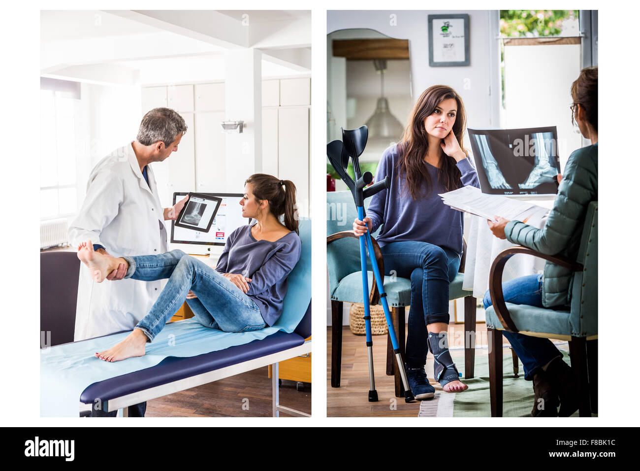 Arzt untersucht die Knöchel einer Patientin. Stockfoto