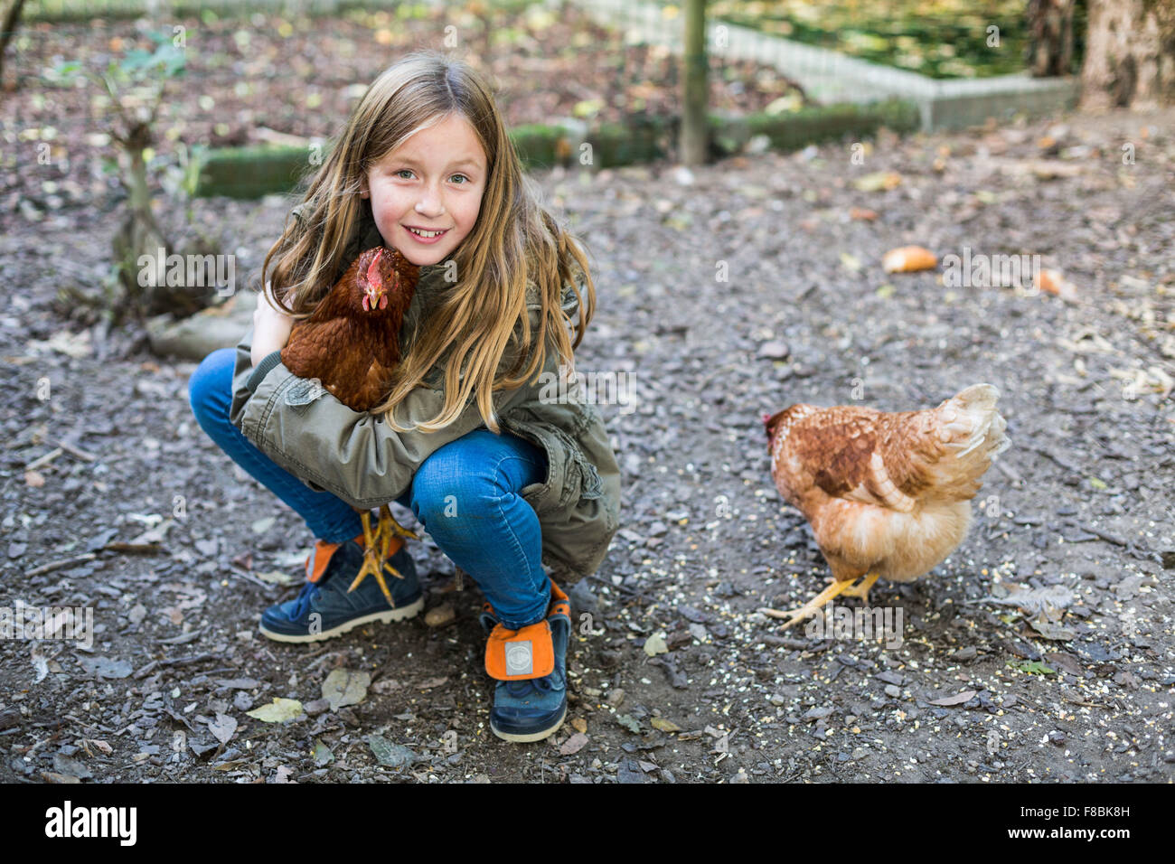 9 Jahre altes Mädchen mit Hühnern. Stockfoto