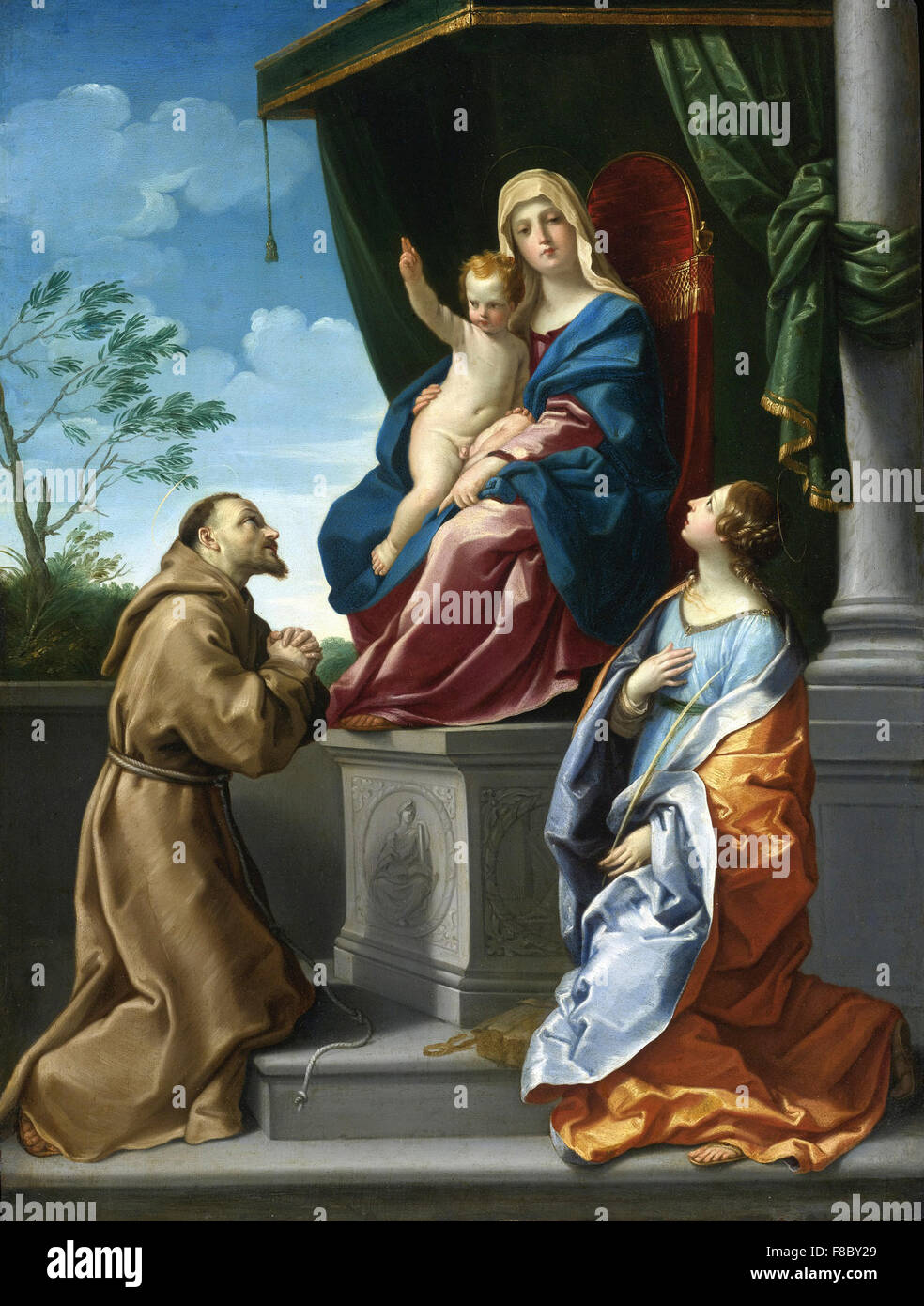 Guido Reni - die Jungfrau und das Kind inthronisiert mit Heiligen Franziskus und Catherine Stockfoto