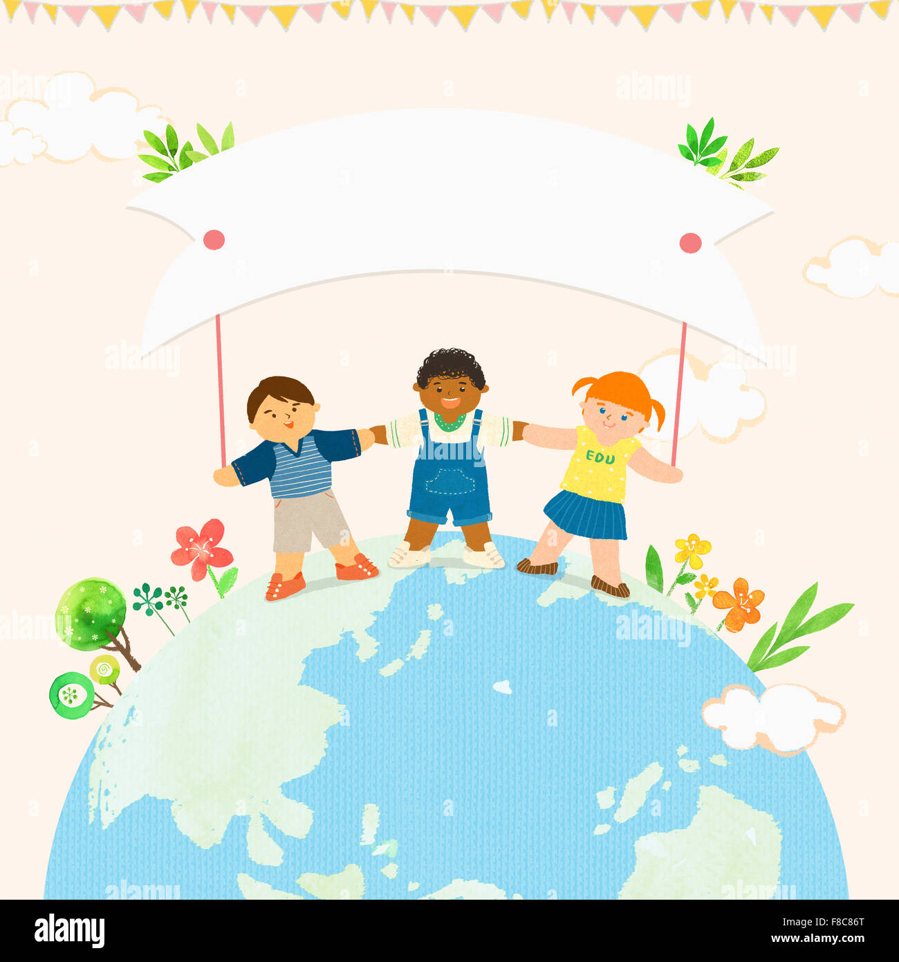 Drei multi-ethnischen Kinder stehen Hand in Hand auf einem Globus mit einem banner Stockfoto
