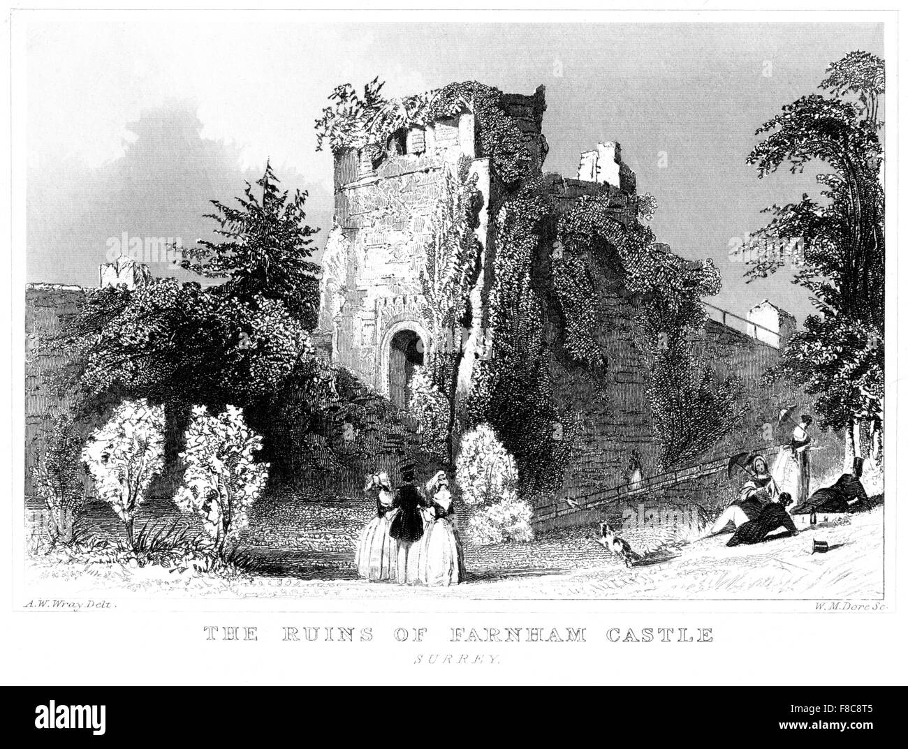 Eine Gravur der Ruinen von Farnham Castle, Surrey, gescannt in hoher Auflösung aus einem Buch, das um 1850 gedruckt wurde. Für urheberrechtlich frei gehalten. Stockfoto