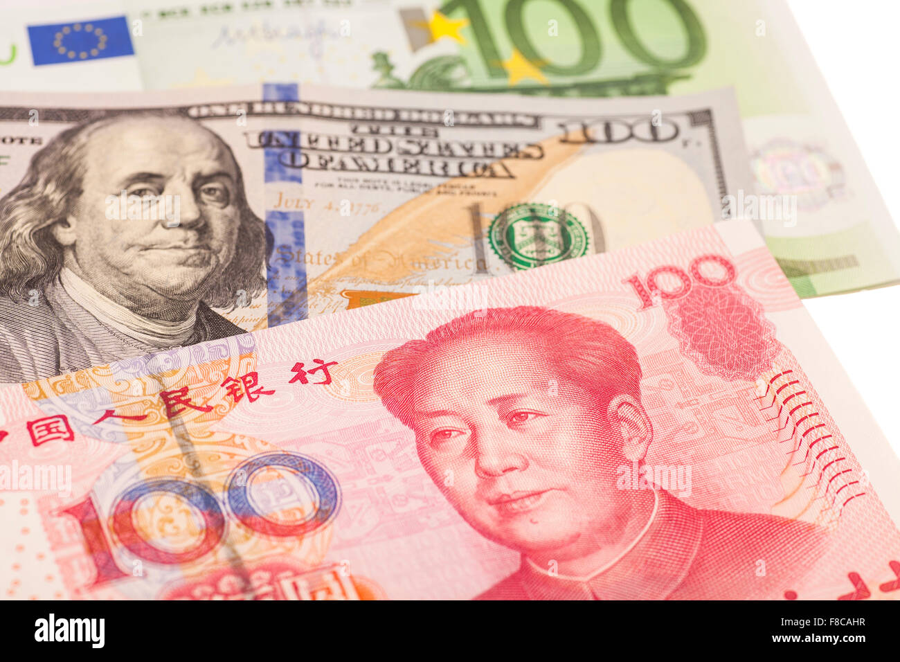US-Dollar, Euro europäische und chinesische Yuan Rechnungen Stockfoto