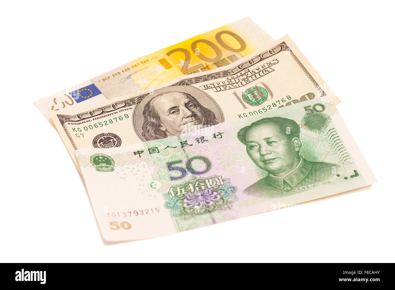 US-Dollar, Euro europäische und chinesische Yuan Rechnungen Stockfoto