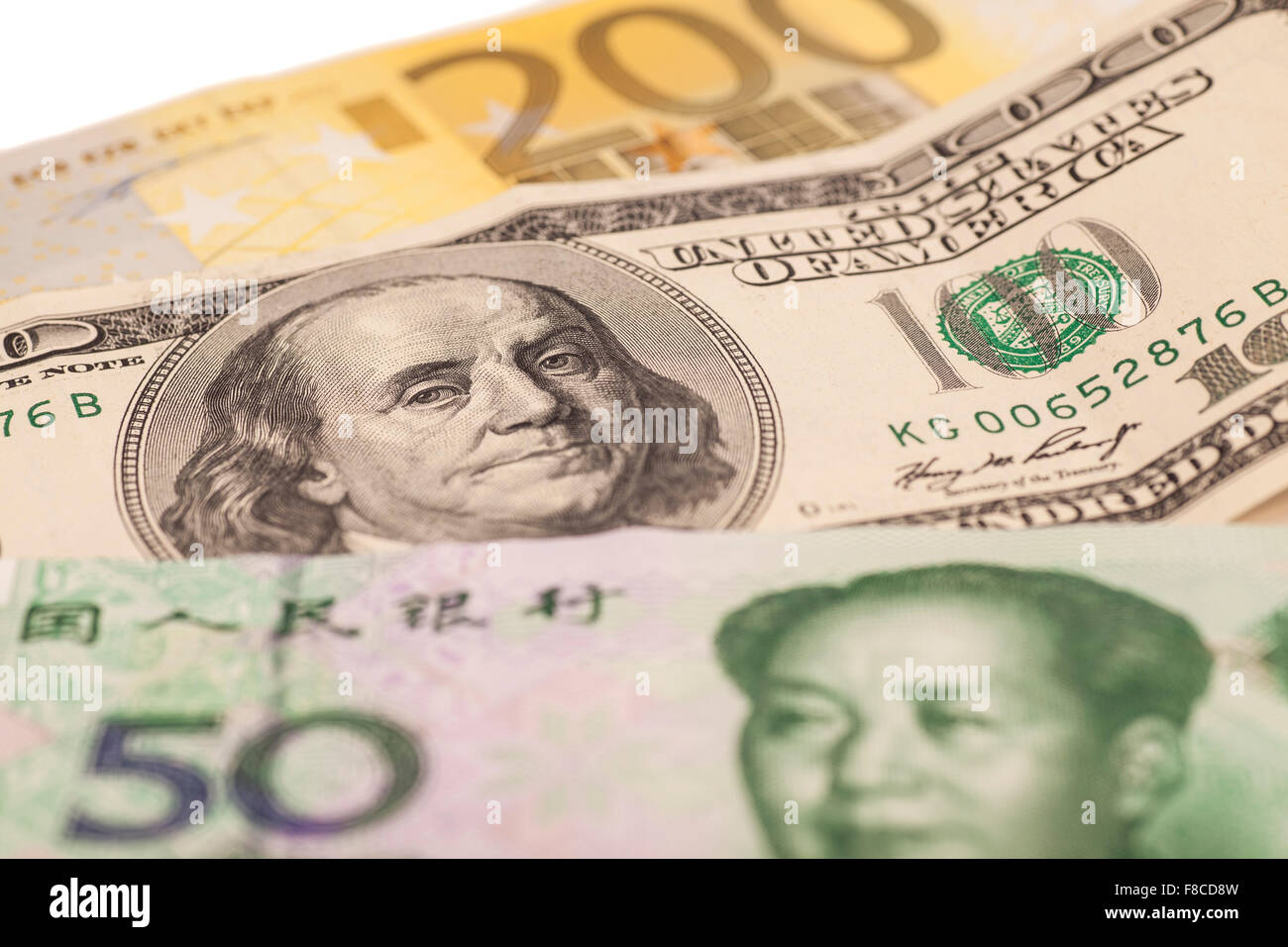 US-Dollar, Euro europäische und chinesische Yuan Rechnungen Stockfoto