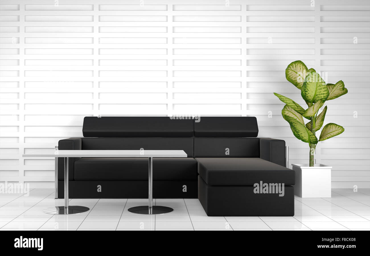 3D Innenarchitektur. Modernes Sofa und Tisch in schwarz / weiß getönt. Stockfoto