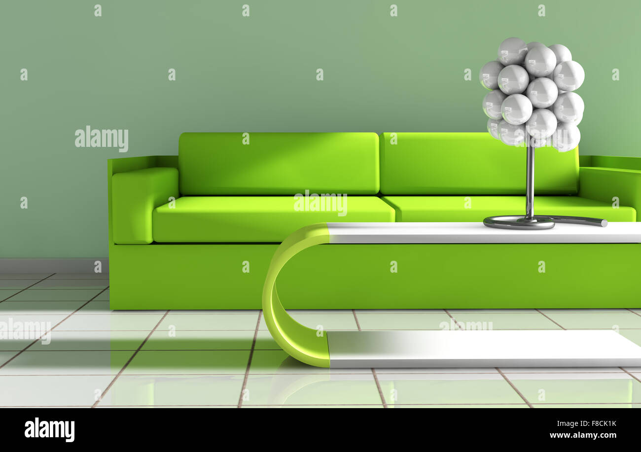 3D Innenarchitektur. Modernes Sofa und Tisch in grün getönt Stockfoto