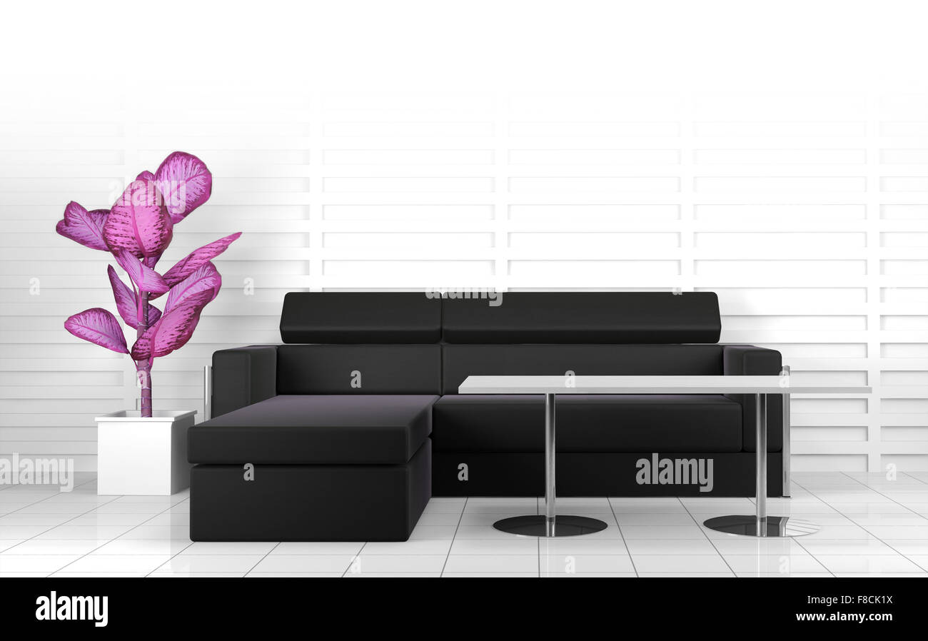 3D Innenarchitektur. Modernes Sofa und Tisch in schwarz / weiß getönt. Stockfoto