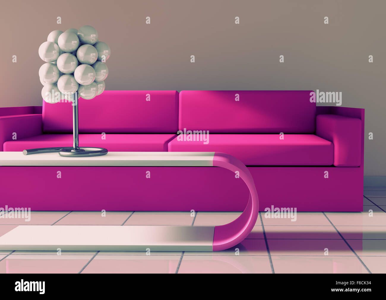 3D Innenarchitektur. Modernes Sofa und Tisch in rosa getönt Stockfoto