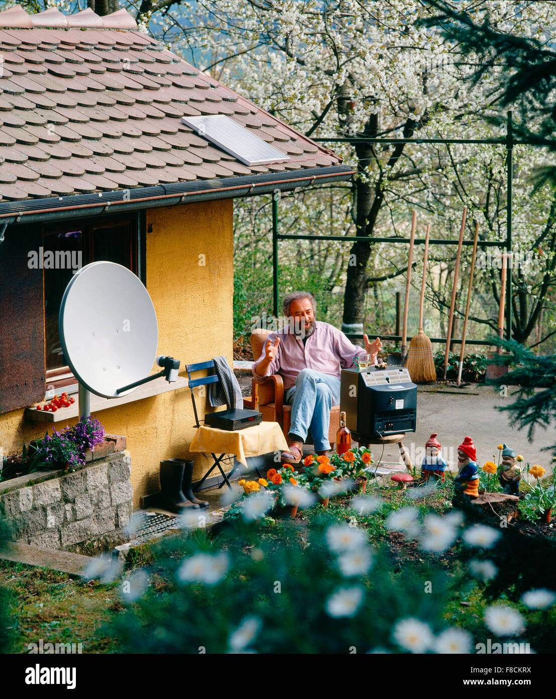 Schrebergaertner Beim Fernsehen Im Garten Mit Satelittenschuessel Gärtner, Satelliten-Fernsehen in seinem Garten Stockfoto