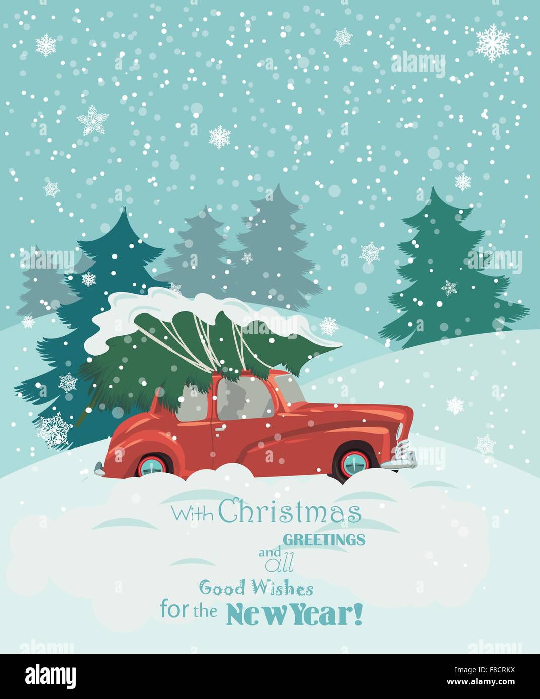 Frohe Weihnachten Abbildung Weihnachten Karte Landschaftsgestaltung Von Retro Rotes Auto Mit Weihnachtsbaum Auf Der Oberseite Stock Vektorgrafik Alamy