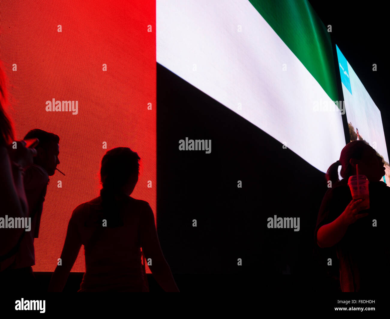 Silhouette des Menschen vor riesigen VAE (Vereinigte Arabische Emirate)-Flagge in der Dubai Mall. Stockfoto