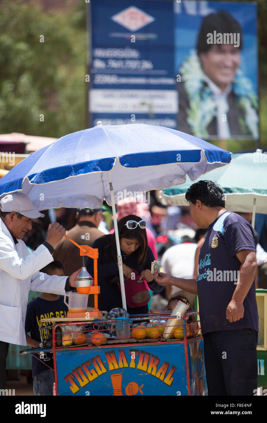 Natürliche Säfte Obstverkäufer in Aktion, Tupiza Markt. Bolivien Stockfoto