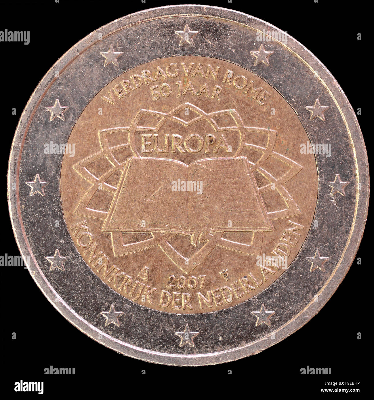 Eine Festschrift verteilt zwei-Euro-Münze von Niederlande in 2007 feiert den Jahrestag der Römischen Verträge ausgestellt. Bild Stockfoto