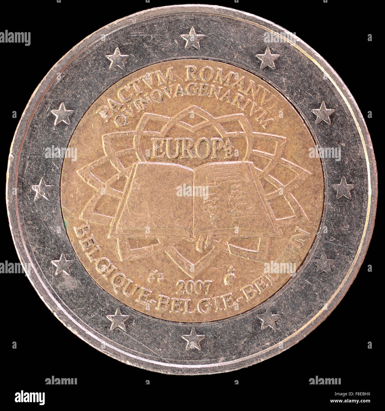 Eine Festschrift verteilt zwei-Euro-Münze in 2007 feiert den Jahrestag der Römischen Verträge durch Belgien ausgestellt. Bild isol Stockfoto