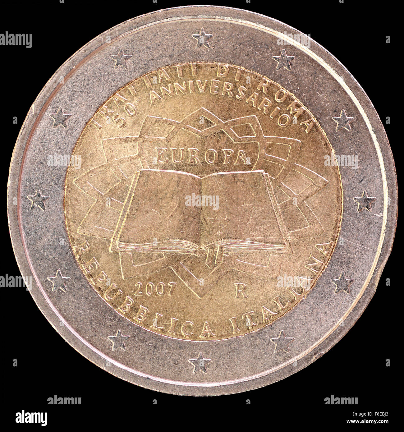 Eine Festschrift verteilt zwei-Euro-Münze von Italien in 2007 feiert den Jahrestag der Römischen Verträge ausgestellt. Bild-isolat Stockfoto