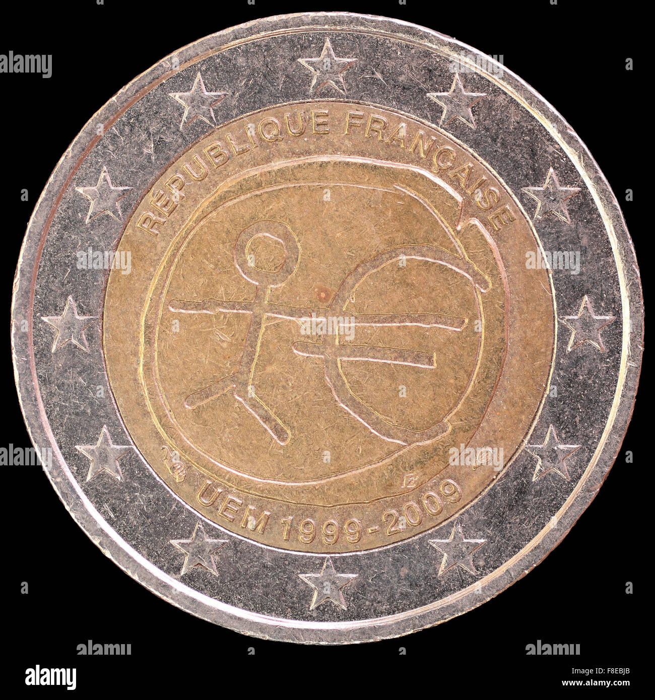 Eine Festschrift verteilt zwei-Euro-Münze von Frankreich im Jahr 2009 feiert den Jahrestag der Wirtschafts- und Währungsunion ausgestellt. Im Stockfoto