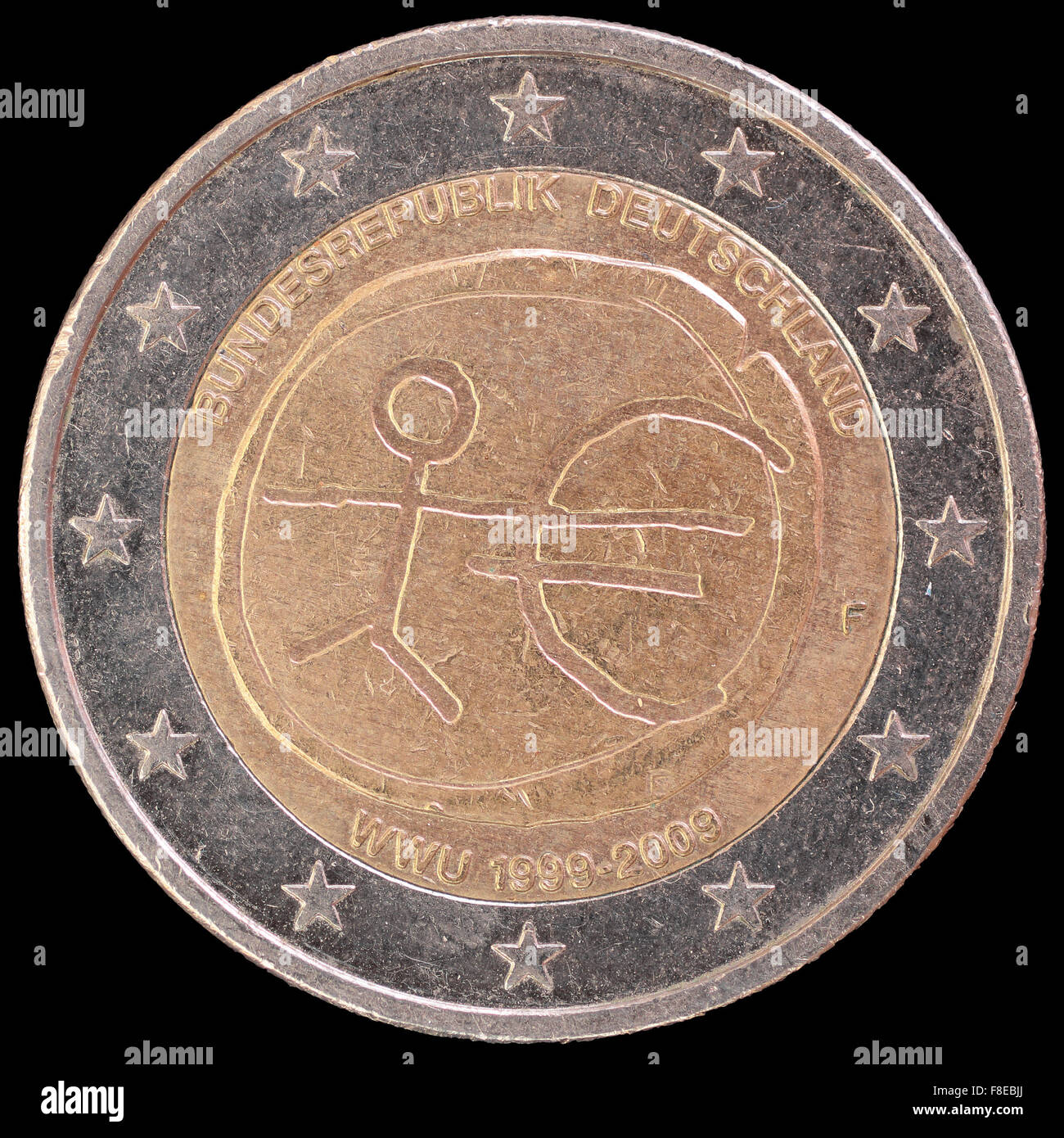 Eine Festschrift verteilt zwei-Euro-Münze von Deutschland im Jahr 2009 feiert den Jahrestag der Wirtschafts- und Währungsunion ausgestellt. Ich Stockfoto