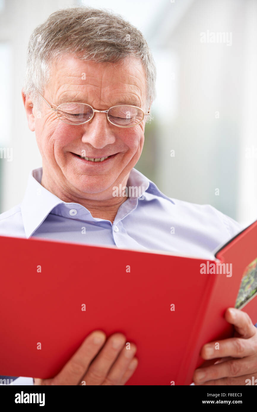 Lächelnder Senior Mann Fotoalbum betrachten Stockfoto