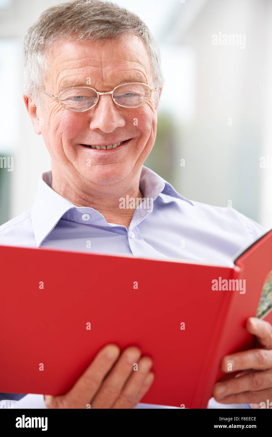 Lächelnder Senior Mann Fotoalbum betrachten Stockfoto