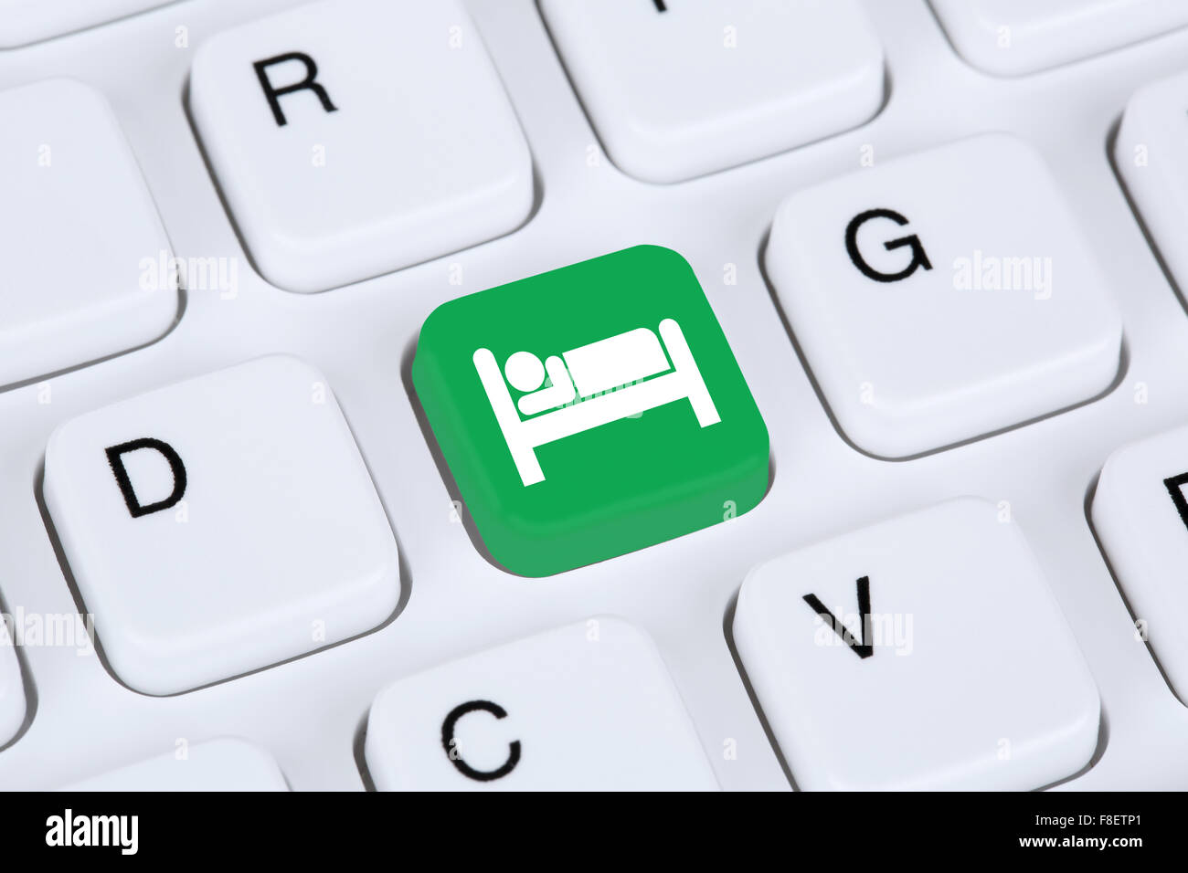 Hotel Zimmer online Internet Buchung Computer Tastatur-Konzept Stockfoto