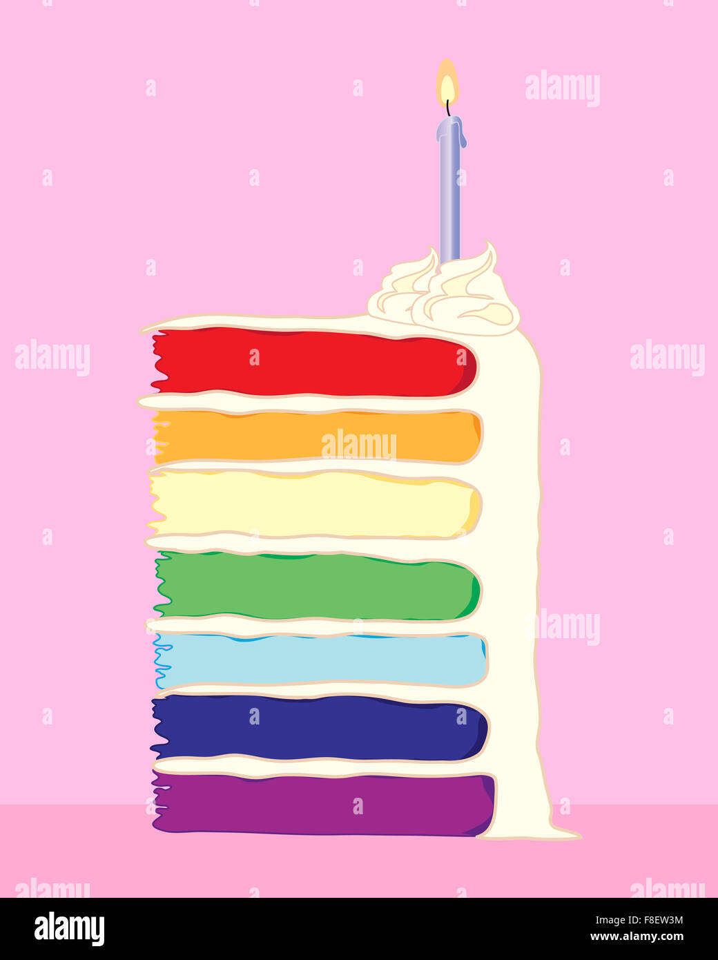 ein Beispiel für ein Stück Geburtstagstorte gemacht in Regenbogenfarben mit cremigen Glasur und einer brennenden Kerze Stockfoto