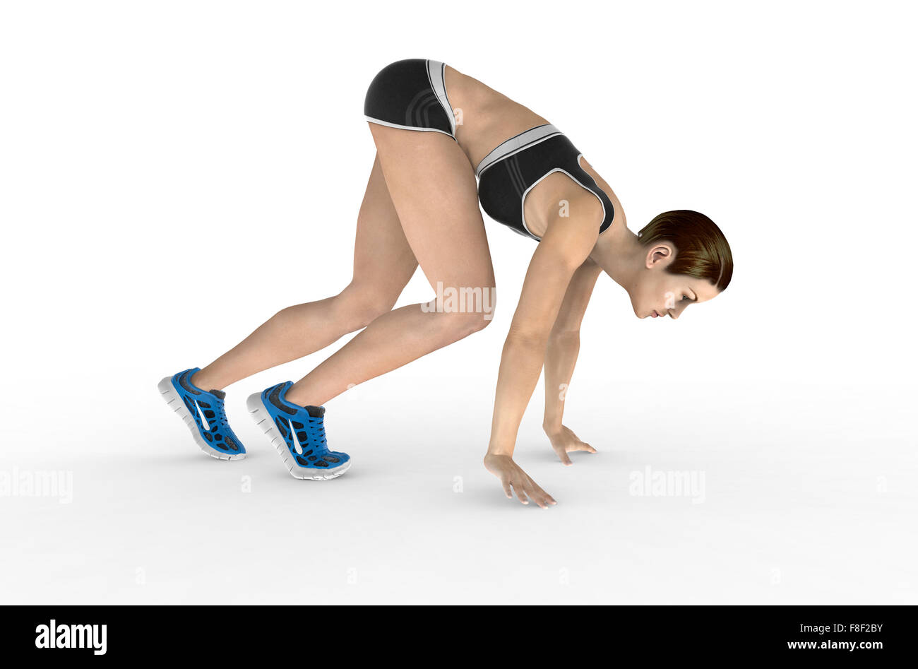 sportliche Frau kauerte Ausgangsposition Rennen beginnen. Isoliert auf weißem Hintergrund. Stockfoto